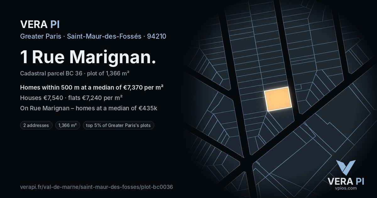 1 Rue Marignan, Saint-Maur-des-Fossés at night – the plot lit, the parcels around coloured by the prices near them