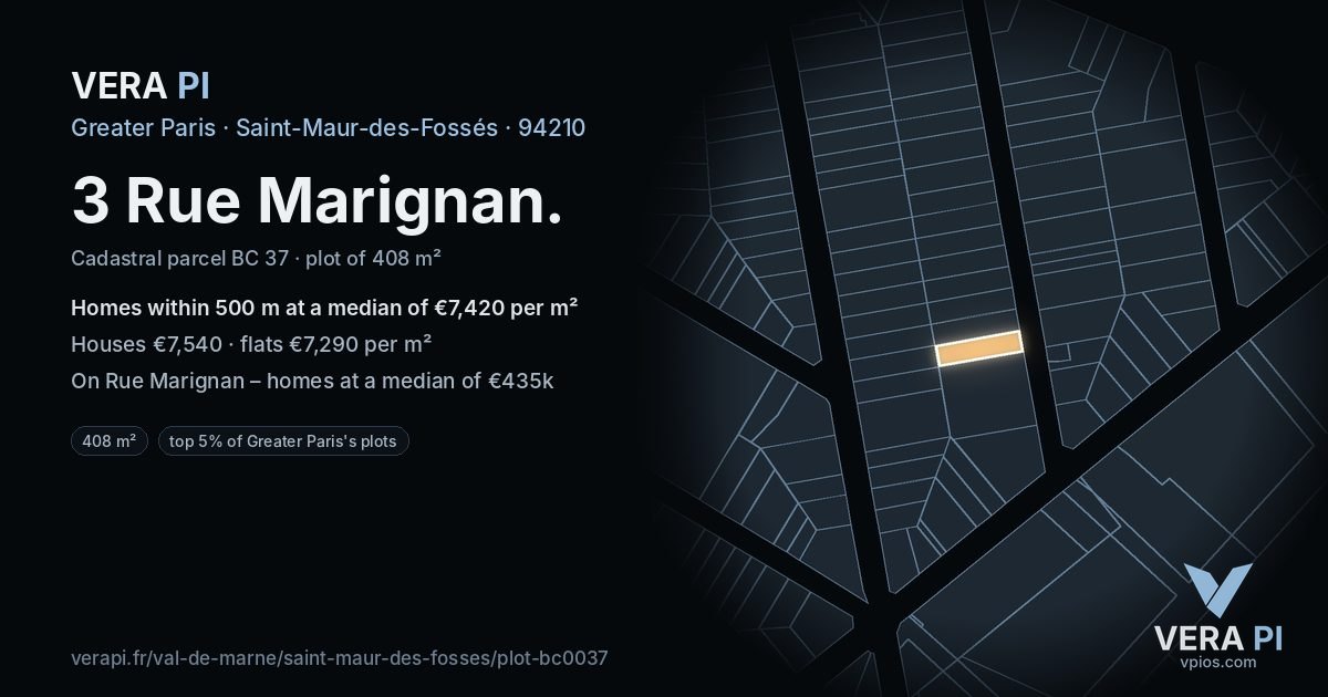 3 Rue Marignan, Saint-Maur-des-Fossés at night – the plot lit, the parcels around coloured by the prices near them