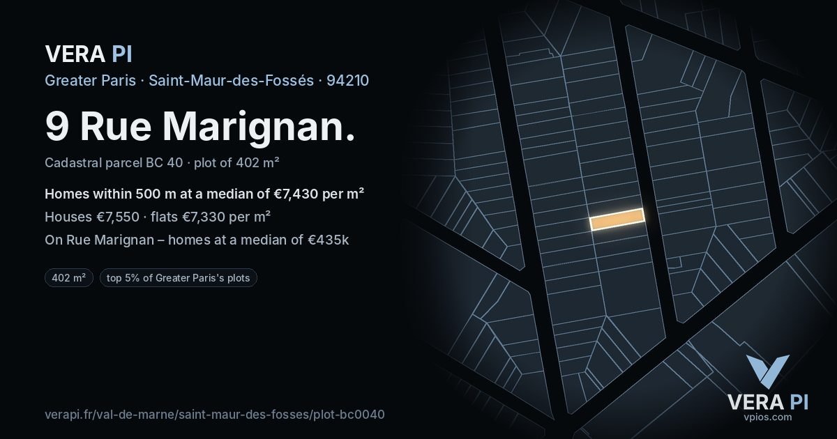 9 Rue Marignan, Saint-Maur-des-Fossés at night – the plot lit, the parcels around coloured by the prices near them