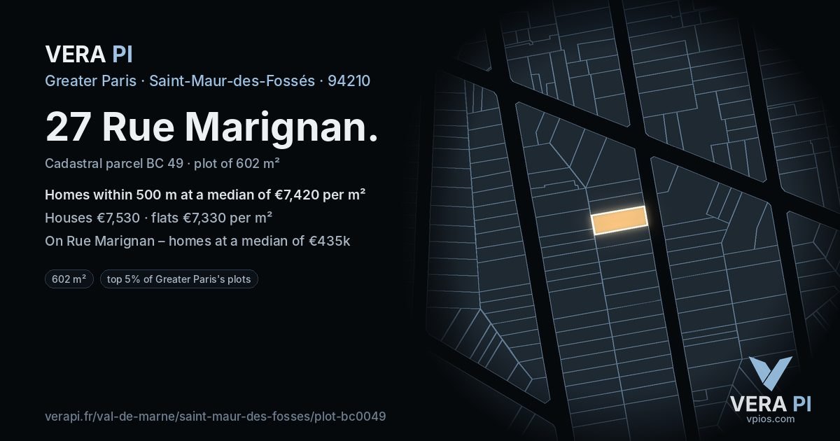 27 Rue Marignan, Saint-Maur-des-Fossés at night – the plot lit, the parcels around coloured by the prices near them