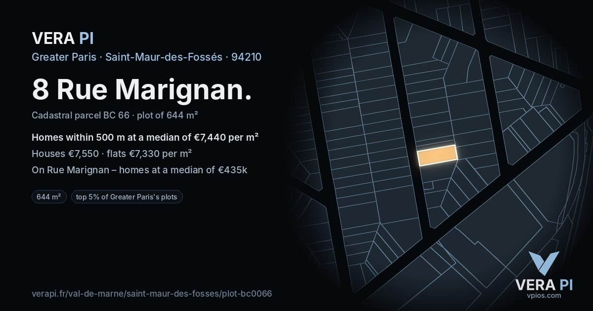 8 Rue Marignan, Saint-Maur-des-Fossés at night – the plot lit, the parcels around coloured by the prices near them