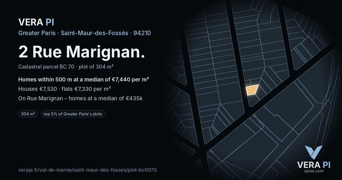 2 Rue Marignan, Saint-Maur-des-Fossés at night – the plot lit, the parcels around coloured by the prices near them