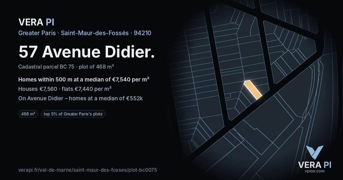 57 Avenue Didier, Saint-Maur-des-Fossés at night – the plot lit, the parcels around coloured by the prices near them