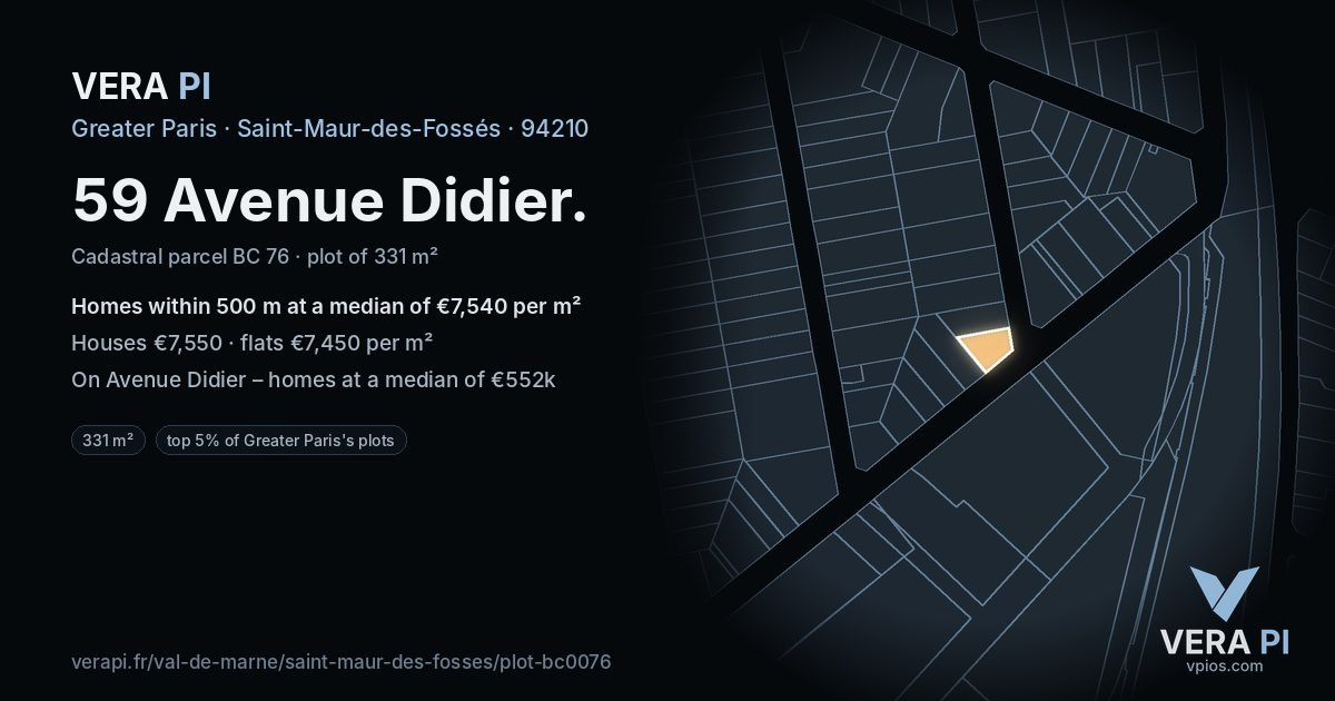 59 Avenue Didier, Saint-Maur-des-Fossés at night – the plot lit, the parcels around coloured by the prices near them