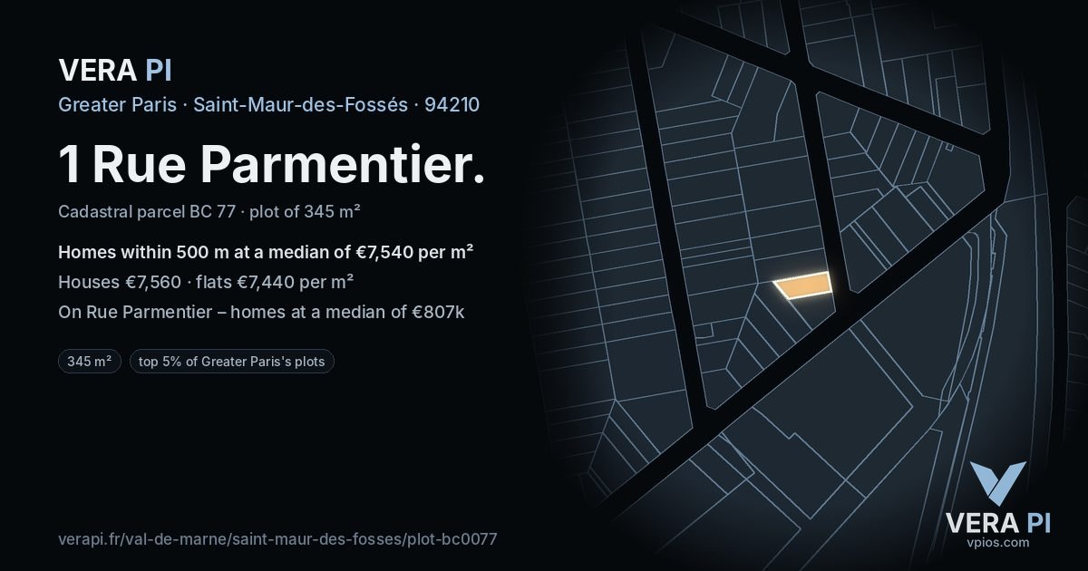 1 Rue Parmentier, Saint-Maur-des-Fossés at night – the plot lit, the parcels around coloured by the prices near them