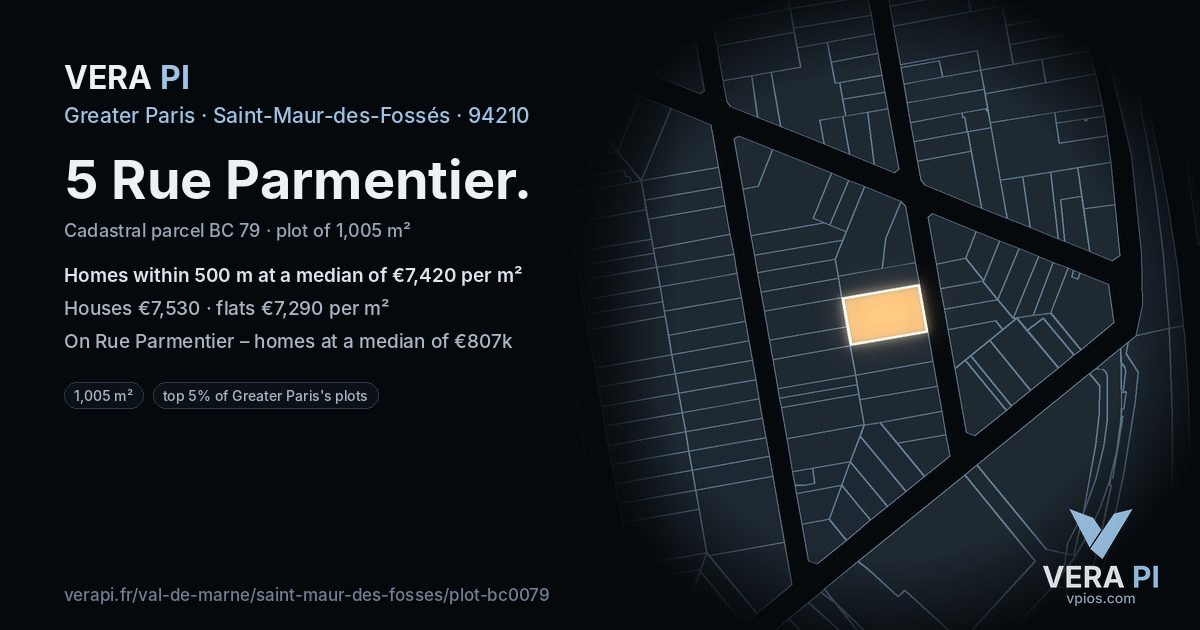 5 Rue Parmentier, Saint-Maur-des-Fossés at night – the plot lit, the parcels around coloured by the prices near them