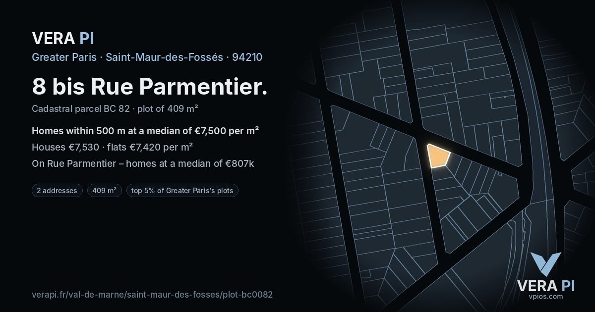 8 bis Rue Parmentier, Saint-Maur-des-Fossés at night – the plot lit, the parcels around coloured by the prices near them