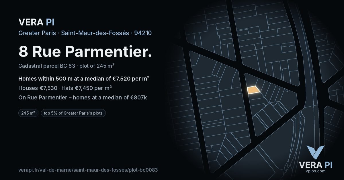 8 Rue Parmentier, Saint-Maur-des-Fossés at night – the plot lit, the parcels around coloured by the prices near them