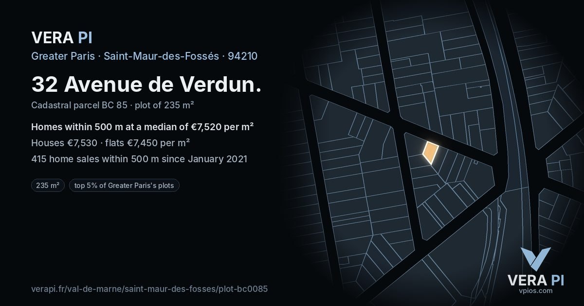 32 Avenue de Verdun, Saint-Maur-des-Fossés at night – the plot lit, the parcels around coloured by the prices near them