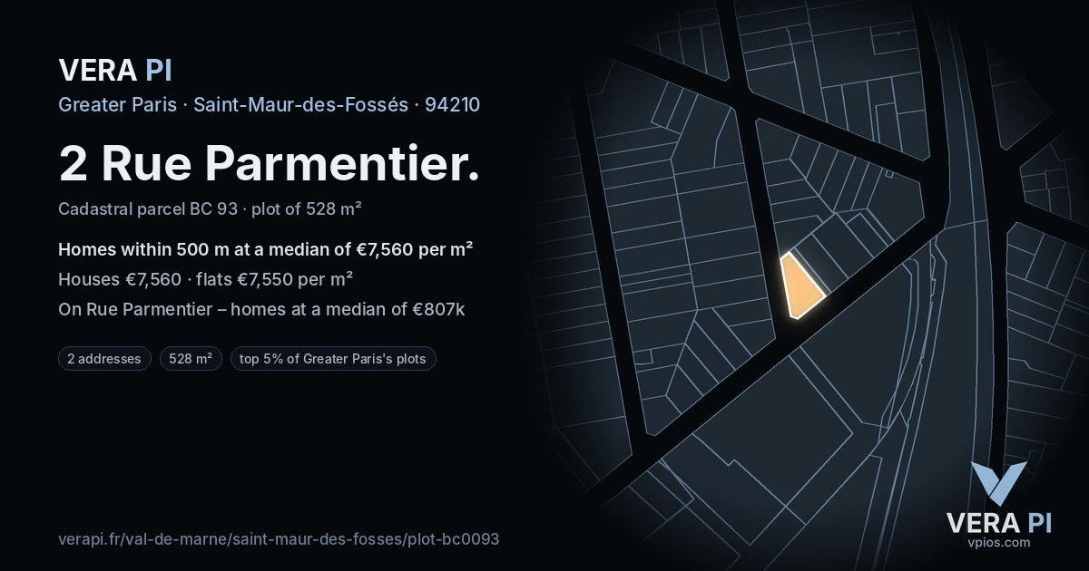 2 Rue Parmentier, Saint-Maur-des-Fossés at night – the plot lit, the parcels around coloured by the prices near them