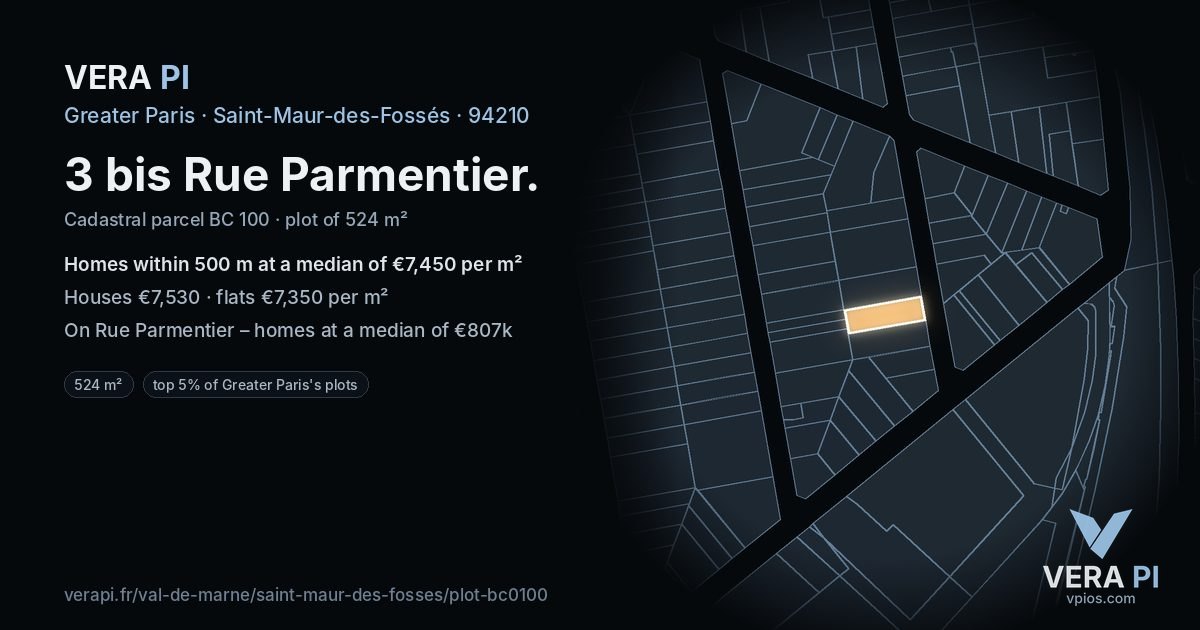 3 bis Rue Parmentier, Saint-Maur-des-Fossés at night – the plot lit, the parcels around coloured by the prices near them