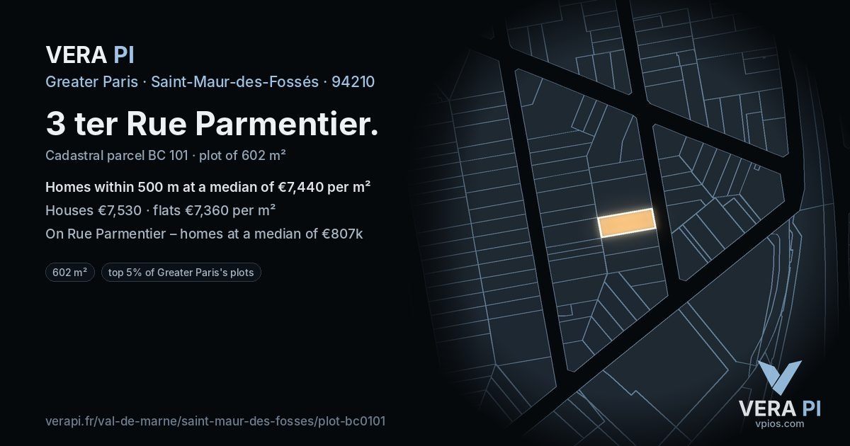 3 ter Rue Parmentier, Saint-Maur-des-Fossés at night – the plot lit, the parcels around coloured by the prices near them