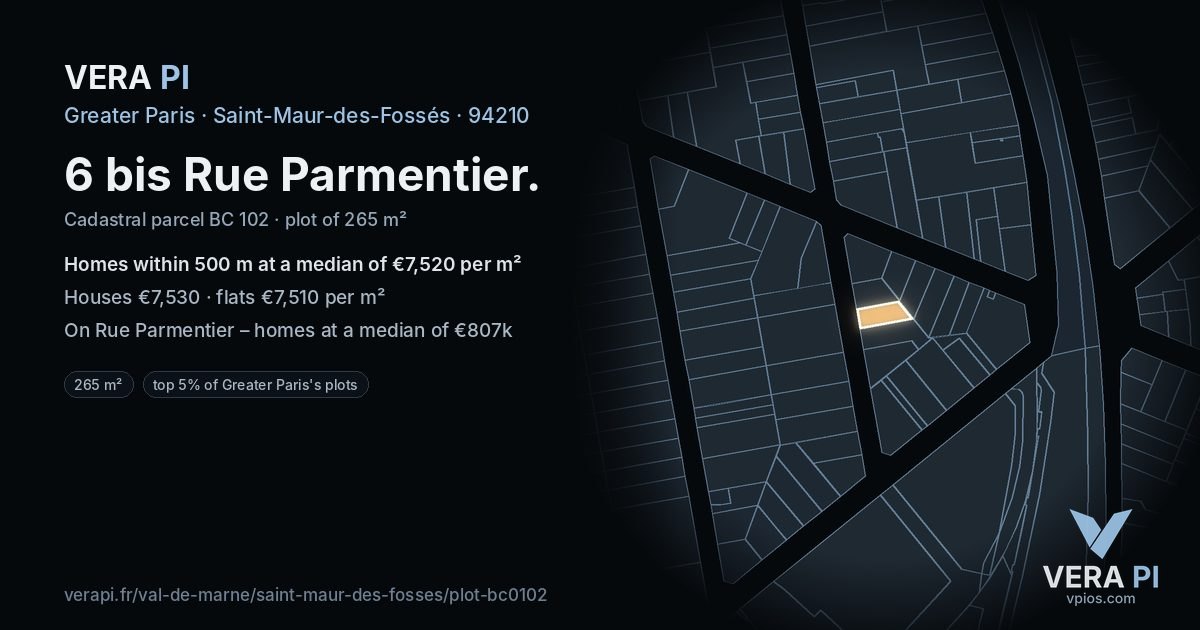6 bis Rue Parmentier, Saint-Maur-des-Fossés at night – the plot lit, the parcels around coloured by the prices near them