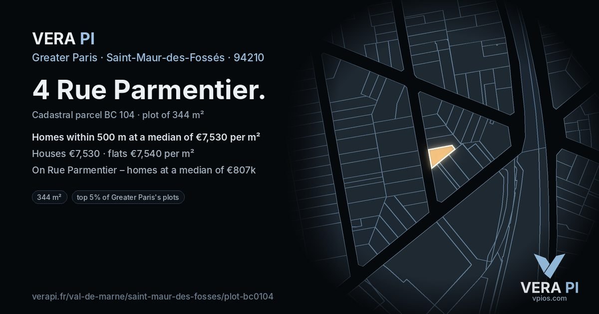 4 Rue Parmentier, Saint-Maur-des-Fossés at night – the plot lit, the parcels around coloured by the prices near them
