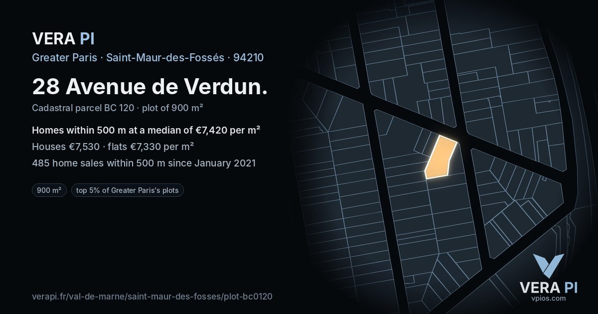 28 Avenue de Verdun, Saint-Maur-des-Fossés at night – the plot lit, the parcels around coloured by the prices near them