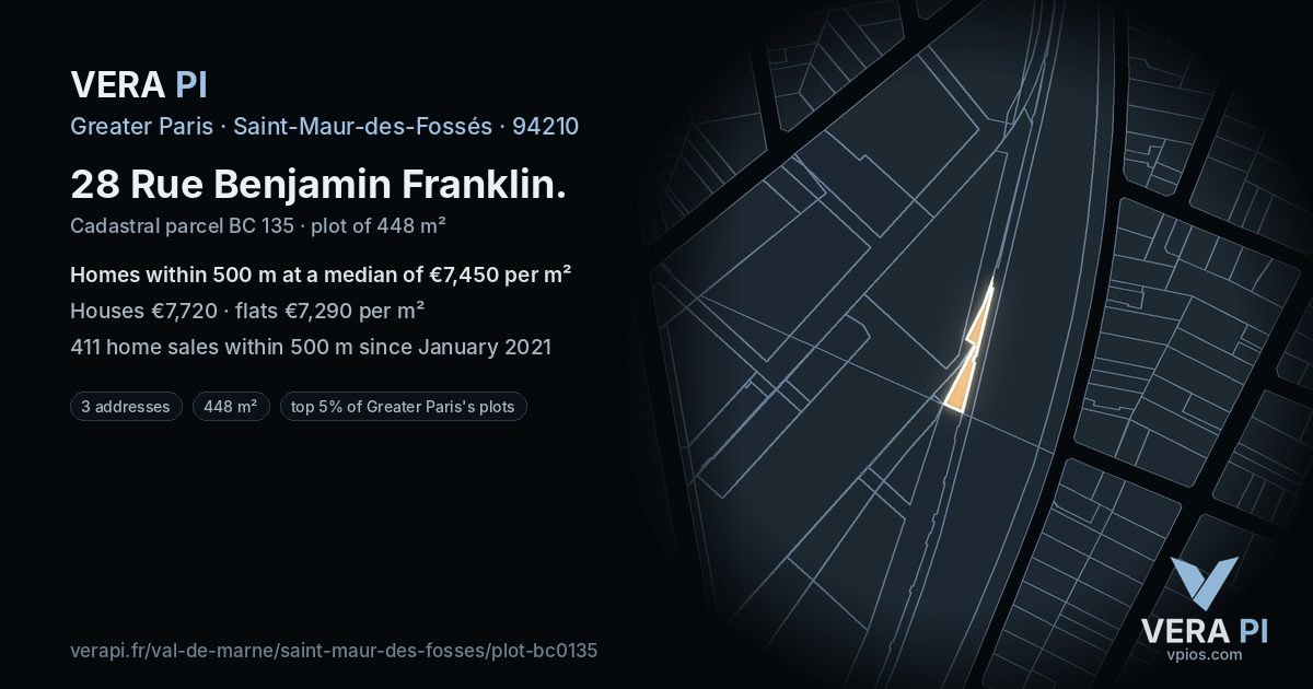 28 Rue Benjamin Franklin, Saint-Maur-des-Fossés at night – the plot lit, the parcels around coloured by the prices near them
