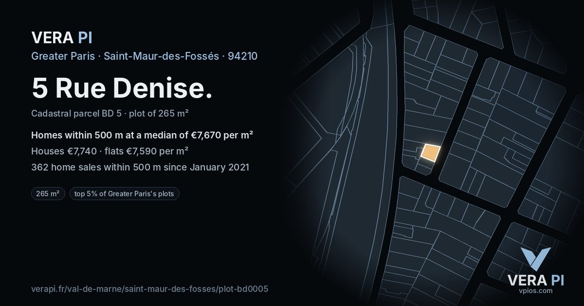 5 Rue Denise, Saint-Maur-des-Fossés at night – the plot lit, the parcels around coloured by the prices near them