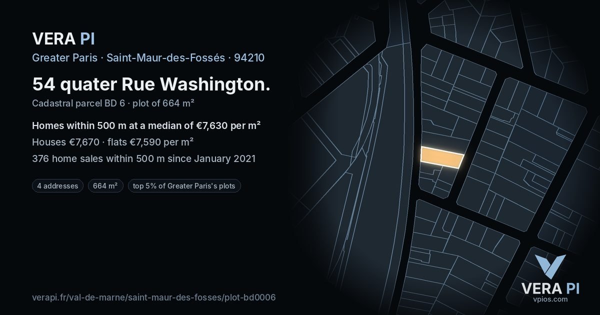 54 quater Rue Washington, Saint-Maur-des-Fossés at night – the plot lit, the parcels around coloured by the prices near them