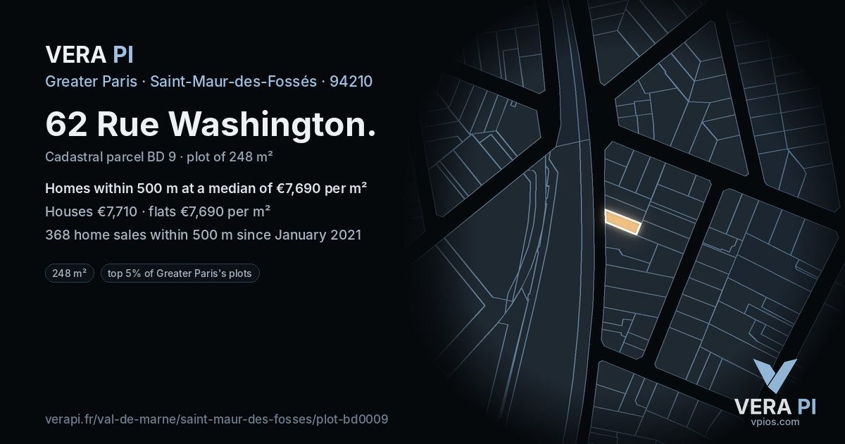 62 Rue Washington, Saint-Maur-des-Fossés at night – the plot lit, the parcels around coloured by the prices near them