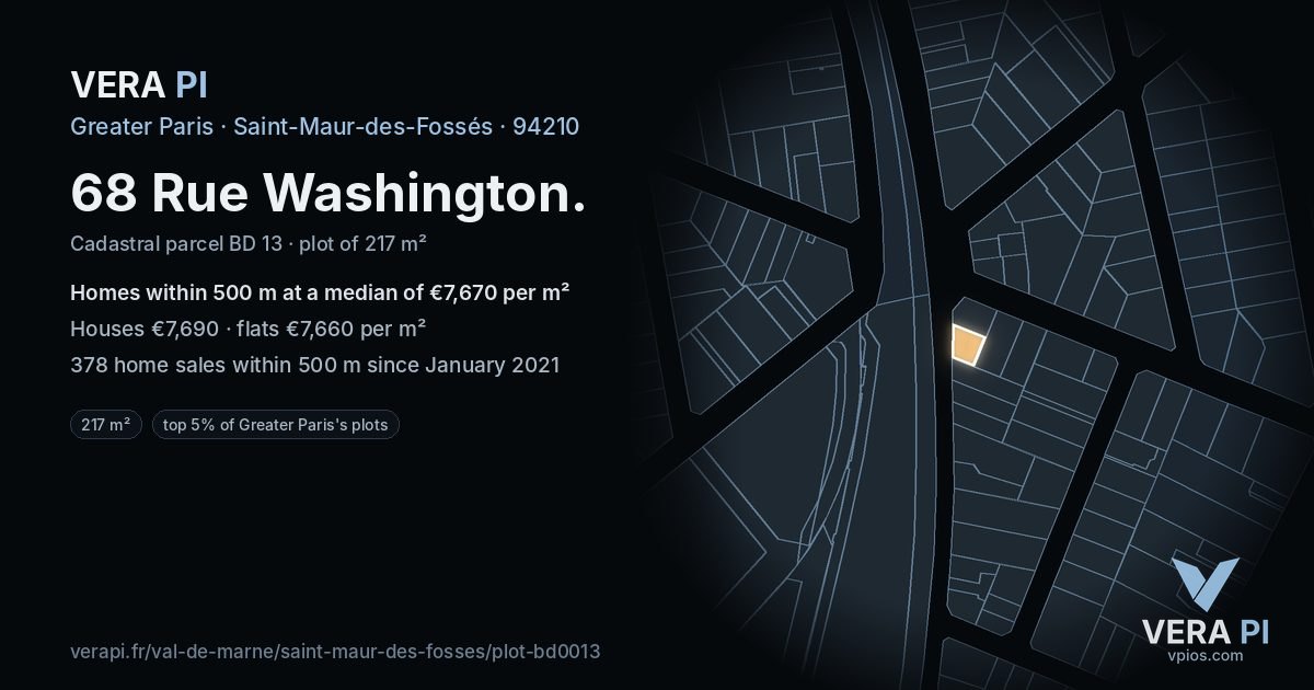 68 Rue Washington, Saint-Maur-des-Fossés at night – the plot lit, the parcels around coloured by the prices near them