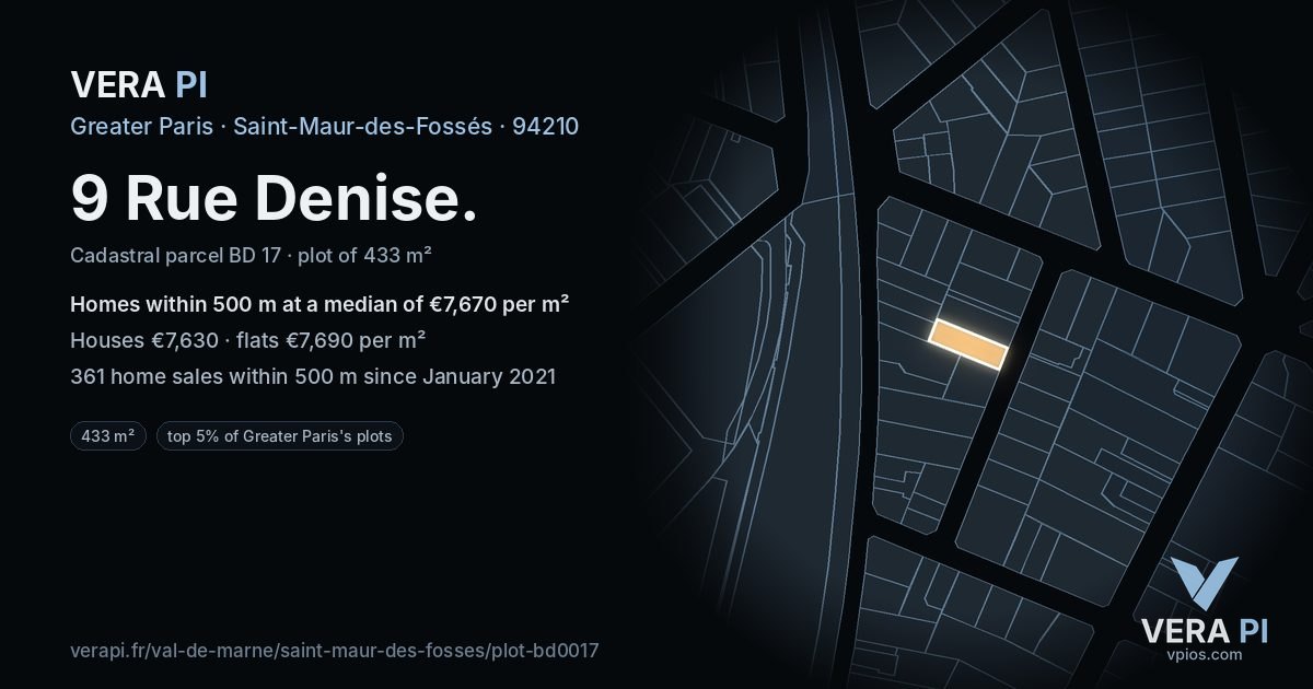 9 Rue Denise, Saint-Maur-des-Fossés at night – the plot lit, the parcels around coloured by the prices near them