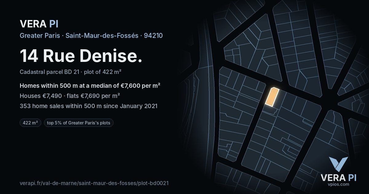14 Rue Denise, Saint-Maur-des-Fossés at night – the plot lit, the parcels around coloured by the prices near them