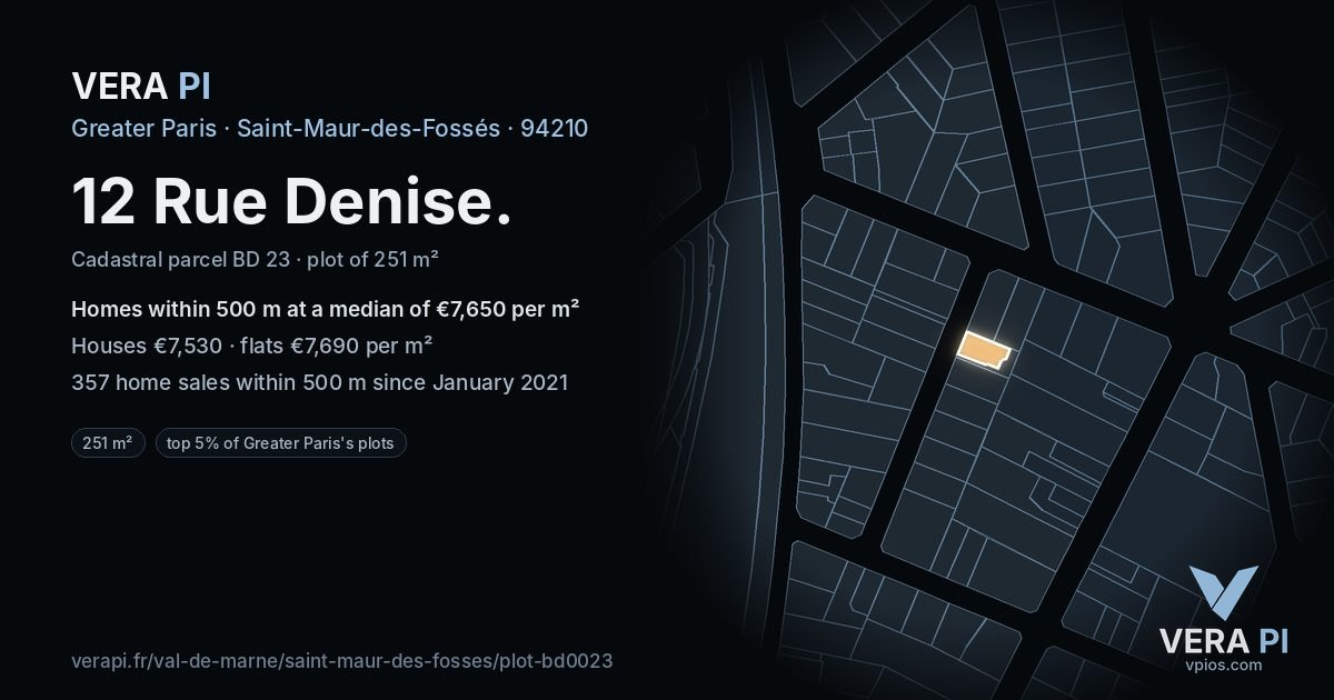 12 Rue Denise, Saint-Maur-des-Fossés at night – the plot lit, the parcels around coloured by the prices near them