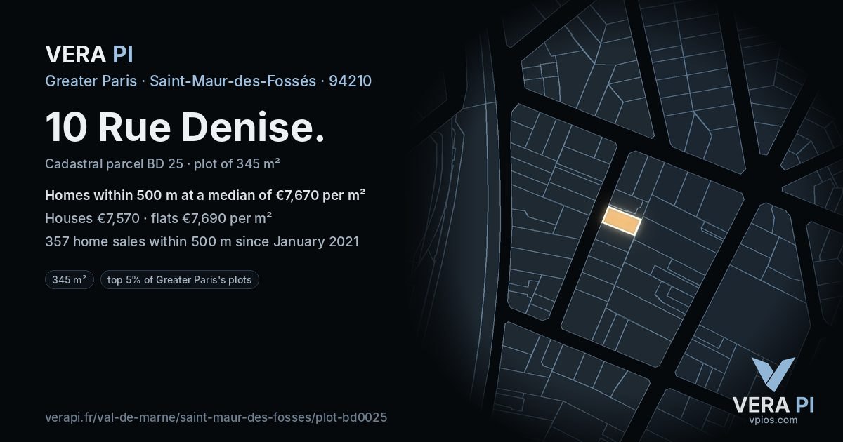10 Rue Denise, Saint-Maur-des-Fossés at night – the plot lit, the parcels around coloured by the prices near them