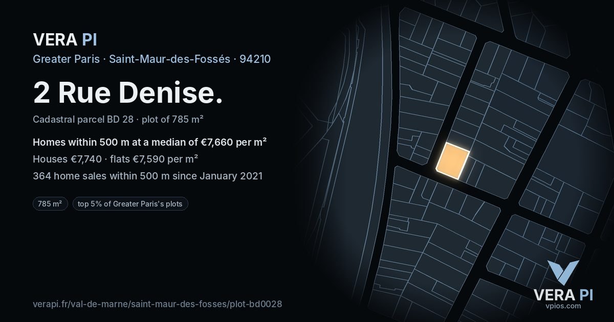 2 Rue Denise, Saint-Maur-des-Fossés at night – the plot lit, the parcels around coloured by the prices near them