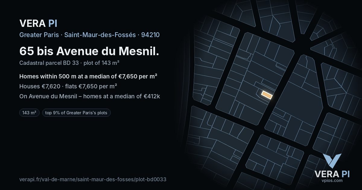 65 bis Avenue du Mesnil, Saint-Maur-des-Fossés at night – the plot lit, the parcels around coloured by the prices near them