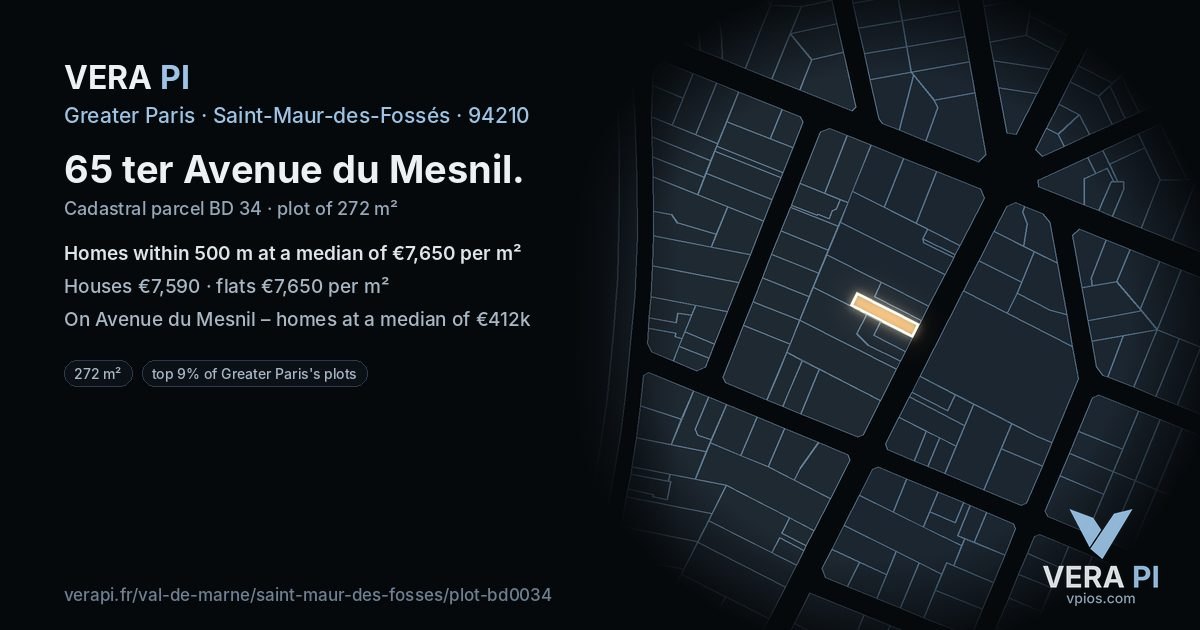 65 ter Avenue du Mesnil, Saint-Maur-des-Fossés at night – the plot lit, the parcels around coloured by the prices near them