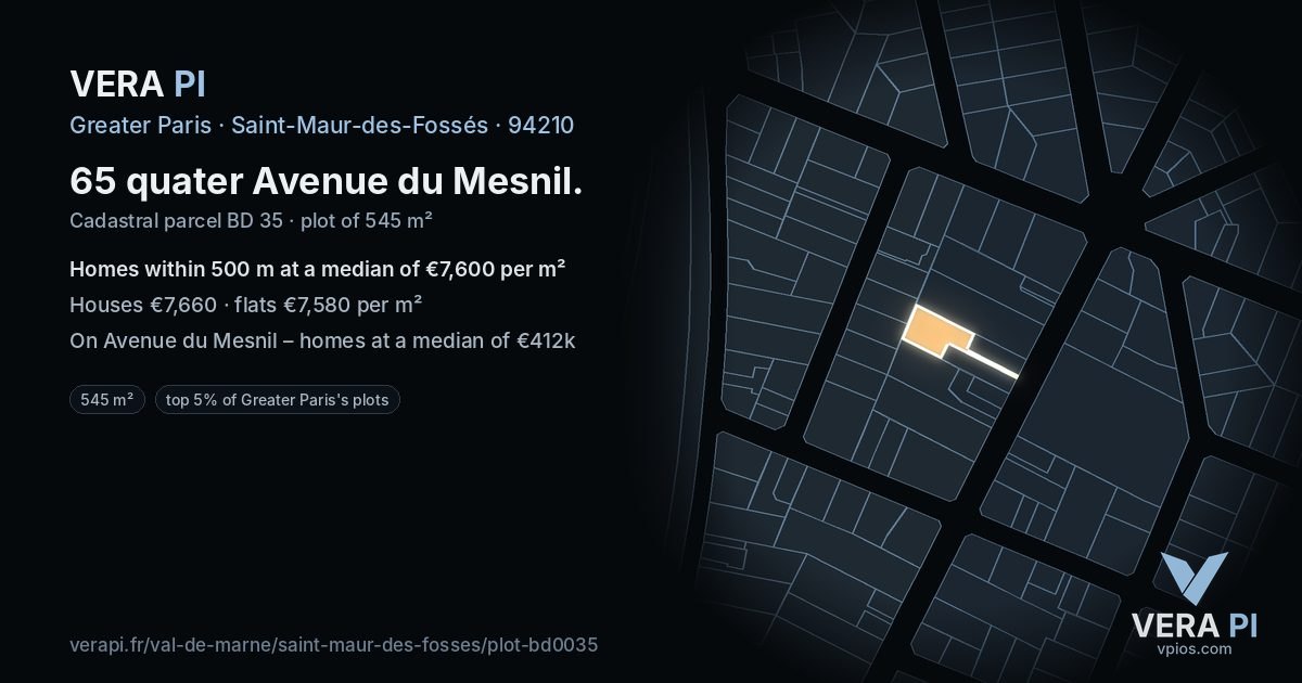 65 quater Avenue du Mesnil, Saint-Maur-des-Fossés at night – the plot lit, the parcels around coloured by the prices near them