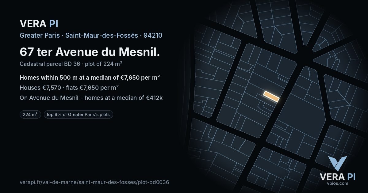 67 ter Avenue du Mesnil, Saint-Maur-des-Fossés at night – the plot lit, the parcels around coloured by the prices near them