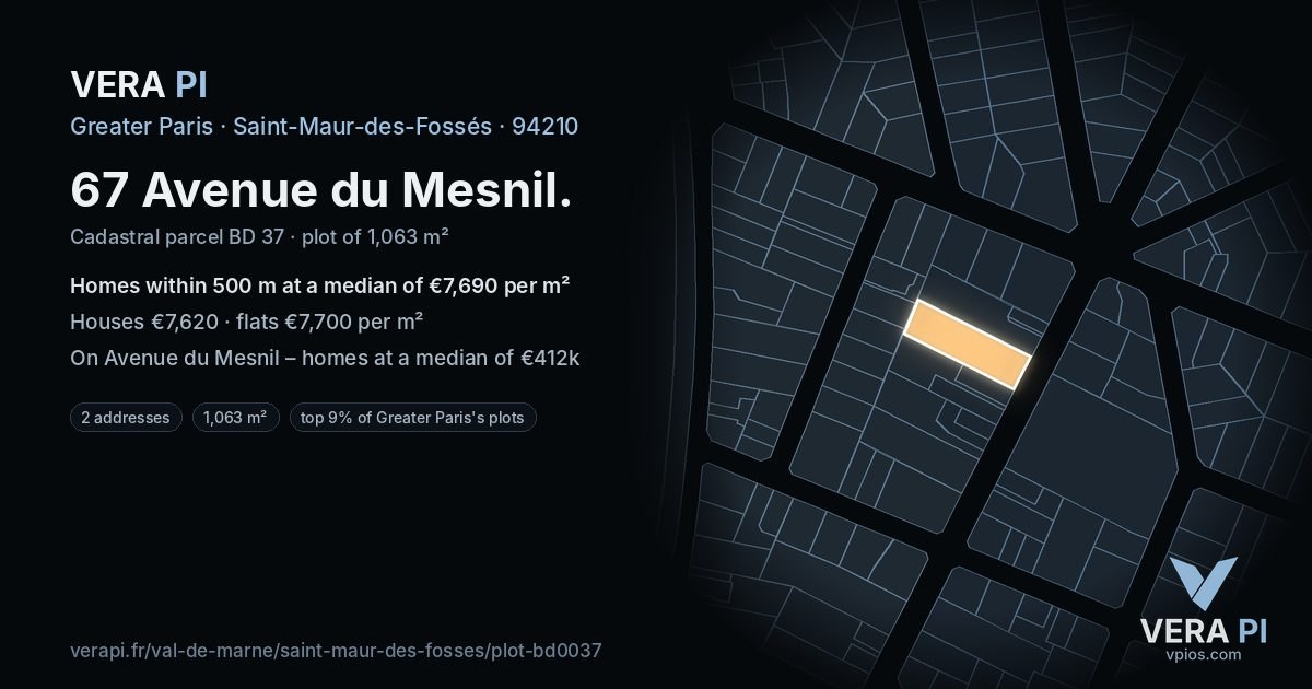 67 Avenue du Mesnil, Saint-Maur-des-Fossés at night – the plot lit, the parcels around coloured by the prices near them