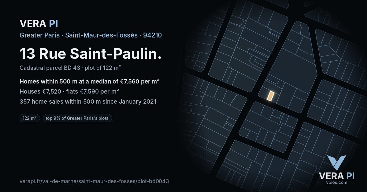 13 Rue Saint-Paulin, Saint-Maur-des-Fossés at night – the plot lit, the parcels around coloured by the prices near them
