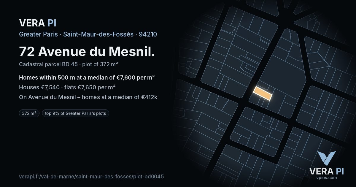 72 Avenue du Mesnil, Saint-Maur-des-Fossés at night – the plot lit, the parcels around coloured by the prices near them