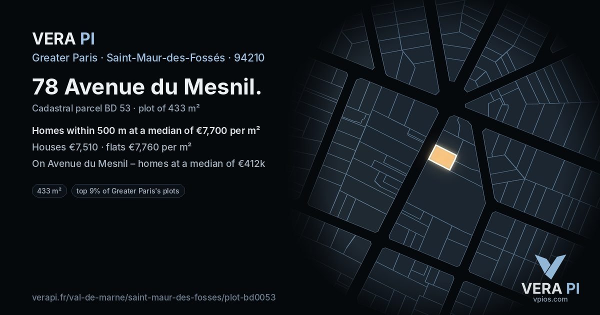78 Avenue du Mesnil, Saint-Maur-des-Fossés at night – the plot lit, the parcels around coloured by the prices near them