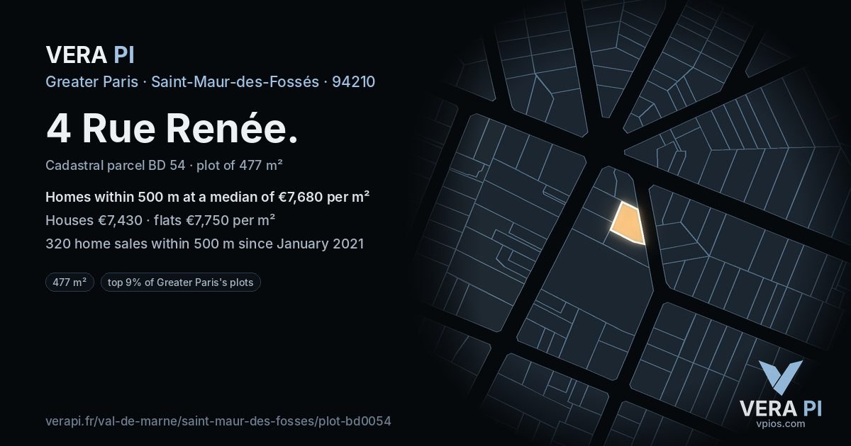 4 Rue Renée, Saint-Maur-des-Fossés at night – the plot lit, the parcels around coloured by the prices near them