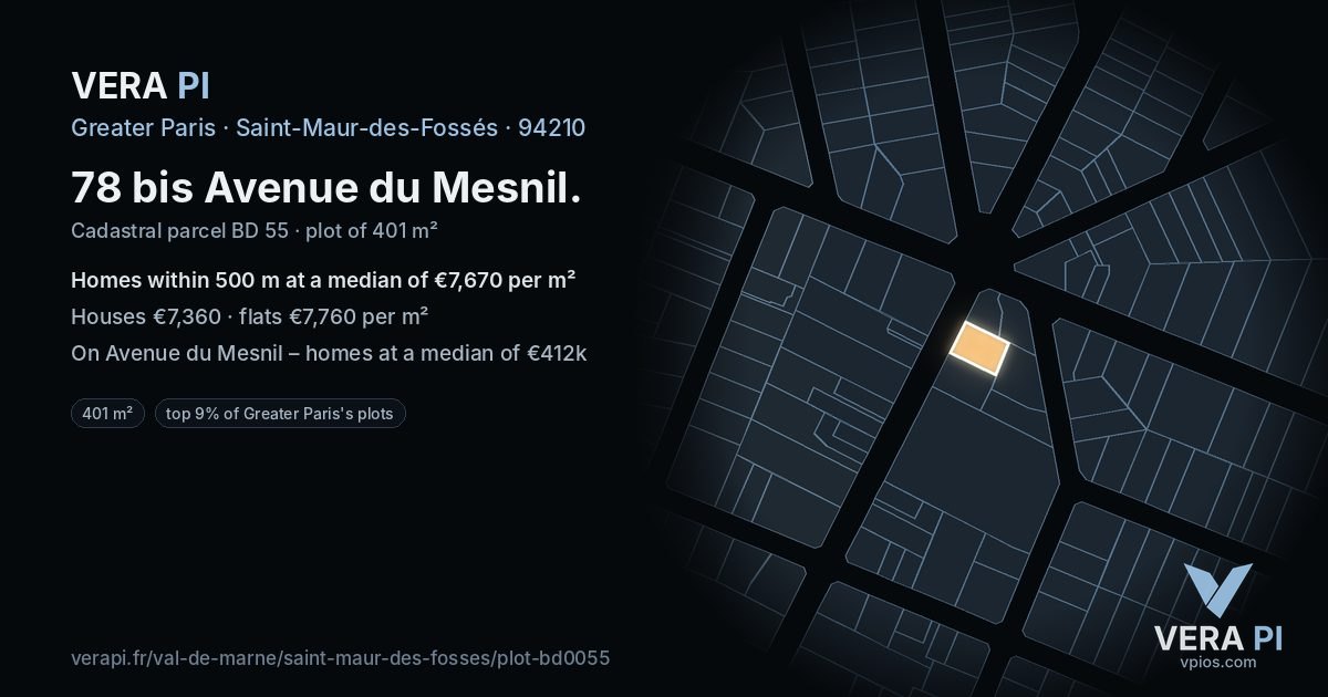 78 bis Avenue du Mesnil, Saint-Maur-des-Fossés at night – the plot lit, the parcels around coloured by the prices near them
