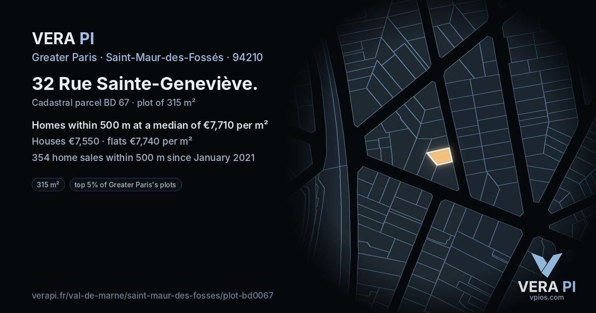 32 Rue Sainte-Geneviève, Saint-Maur-des-Fossés at night – the plot lit, the parcels around coloured by the prices near them