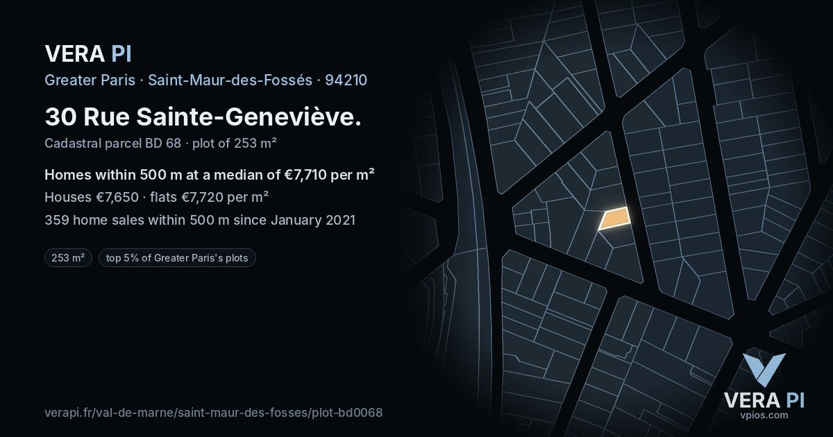 30 Rue Sainte-Geneviève, Saint-Maur-des-Fossés at night – the plot lit, the parcels around coloured by the prices near them