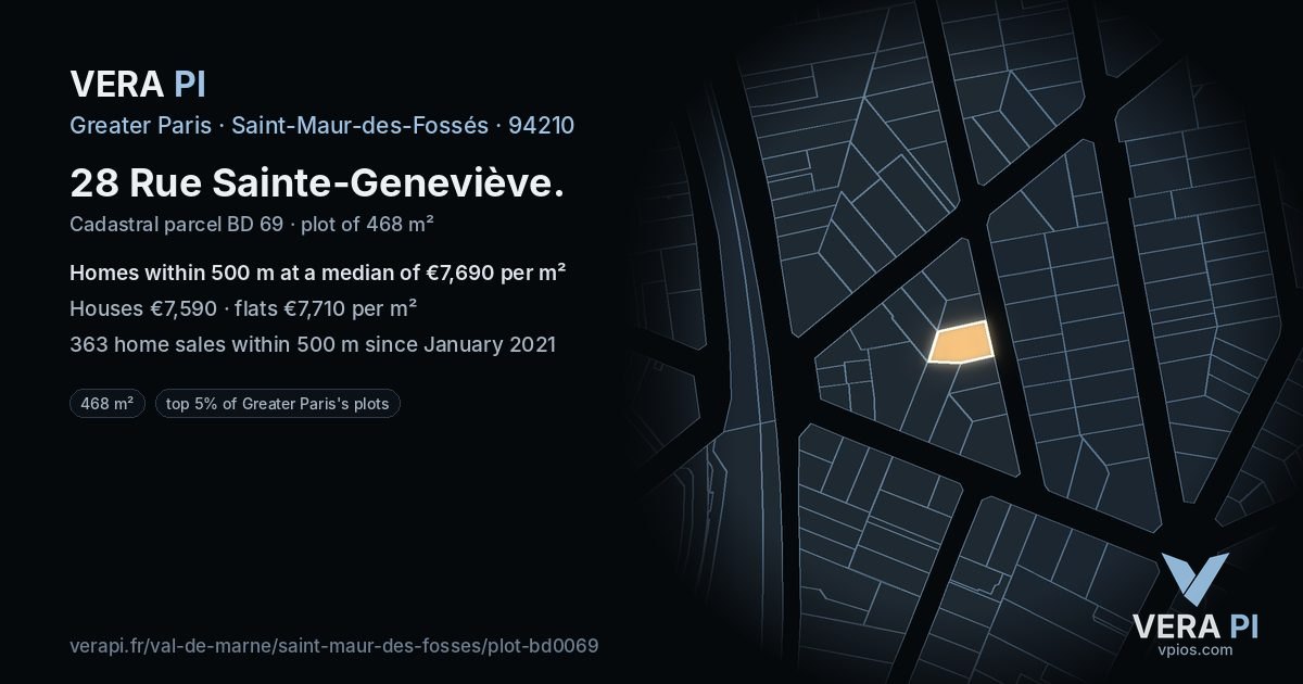28 Rue Sainte-Geneviève, Saint-Maur-des-Fossés at night – the plot lit, the parcels around coloured by the prices near them