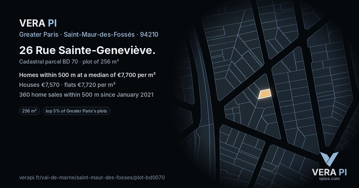 26 Rue Sainte-Geneviève, Saint-Maur-des-Fossés at night – the plot lit, the parcels around coloured by the prices near them