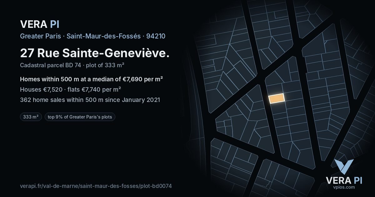 27 Rue Sainte-Geneviève, Saint-Maur-des-Fossés at night – the plot lit, the parcels around coloured by the prices near them