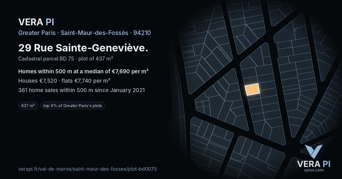 29 Rue Sainte-Geneviève, Saint-Maur-des-Fossés at night – the plot lit, the parcels around coloured by the prices near them