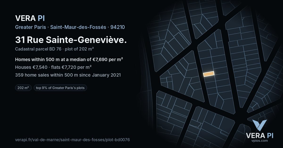 31 Rue Sainte-Geneviève, Saint-Maur-des-Fossés at night – the plot lit, the parcels around coloured by the prices near them