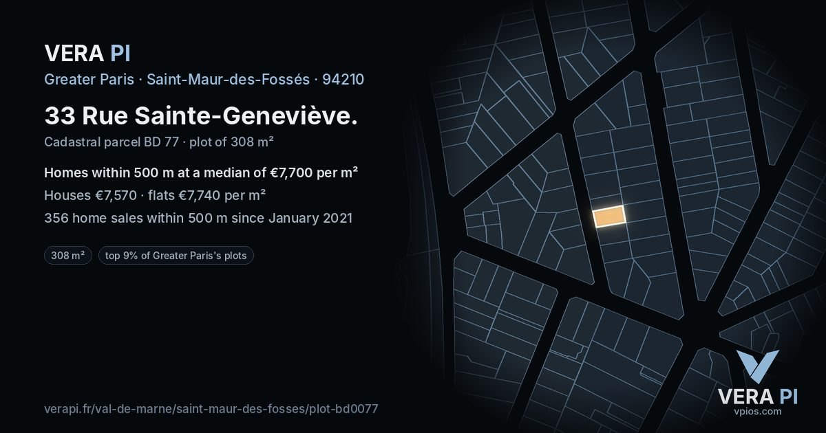 33 Rue Sainte-Geneviève, Saint-Maur-des-Fossés at night – the plot lit, the parcels around coloured by the prices near them