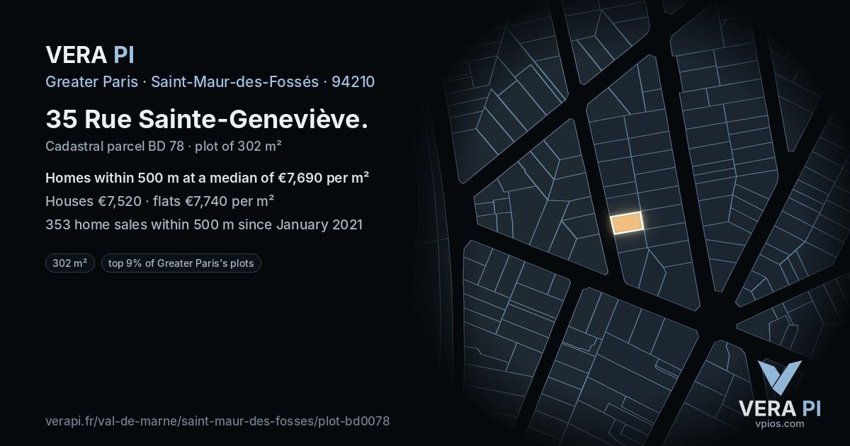 35 Rue Sainte-Geneviève, Saint-Maur-des-Fossés at night – the plot lit, the parcels around coloured by the prices near them