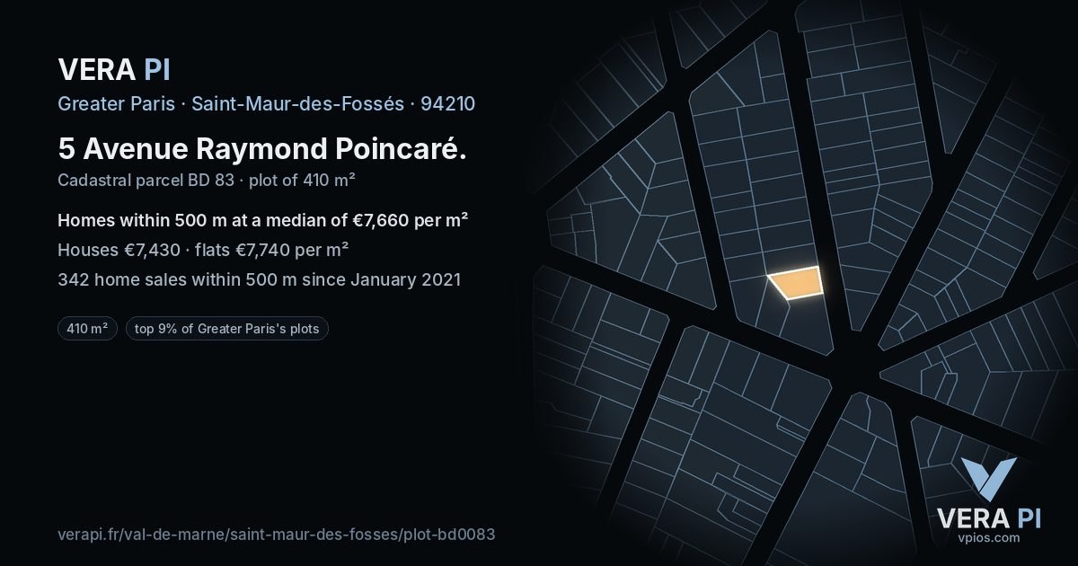 5 Avenue Raymond Poincaré, Saint-Maur-des-Fossés at night – the plot lit, the parcels around coloured by the prices near them