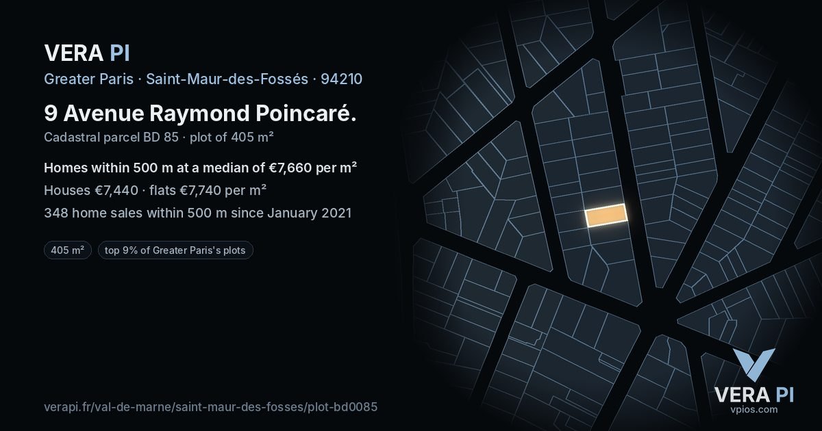 9 Avenue Raymond Poincaré, Saint-Maur-des-Fossés at night – the plot lit, the parcels around coloured by the prices near them